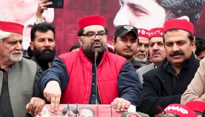 Awami National Party provincial president Aimal Wali Khan addresses party workers on January 27, 2024.  — Facebook/Aimal Wali Khan