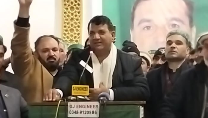 Pakistan Muslim League-Nawaz (PMLN) Khyber Pakhtunkhwa president Amir Maqam Addresses a workers’ convention at Matta, Swat on January 28, 2024. — Facebook/Amir Muqam