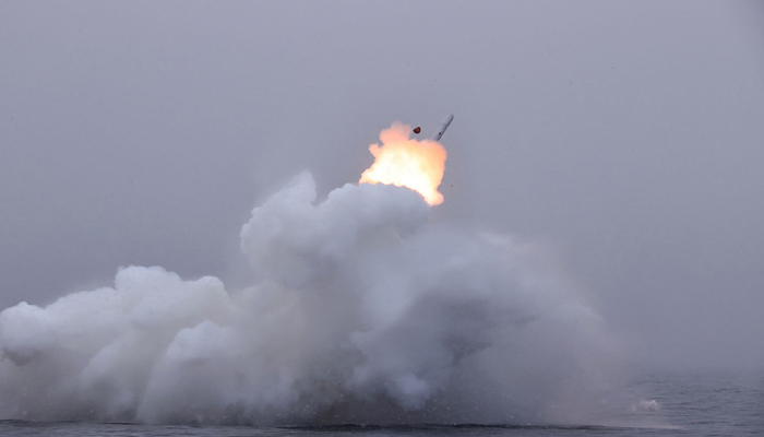 This picture taken on January 28, 2024 shows a test-fire of the submarine-launched strategic cruise missile Pulhwasal-3-31 at an undisclosed location in North Korea. — AFP