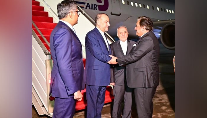 Iran’s Foreign Minister Hossein Amir Abdollahian (2nd L) arrives and Pakistans Foreign Minister Jalil Abbas Jilani receives at the Nur Khan Airbase, Islamabad on January 28, 2024. — X/@ForeignOfficePk