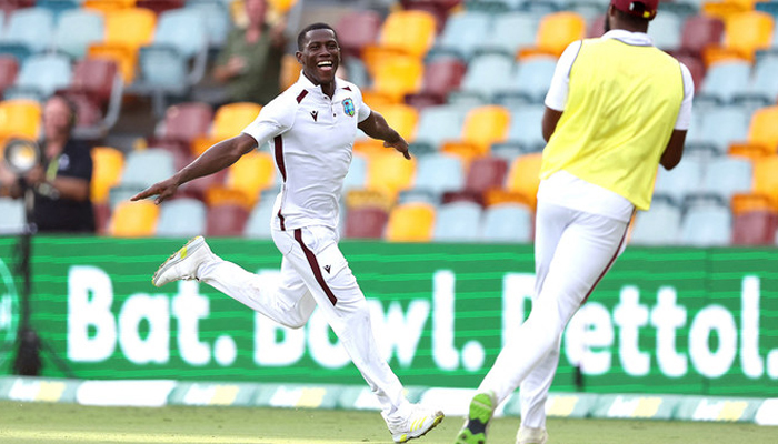 Shamar Joseph of the West Indies dismisses Josh Hazlewood of Australia, sealing a win for the West Indies during day four of the second cricket Test match between Australia and West Indies at the Gabba in Brisbane on January 28, 2024. — AFP