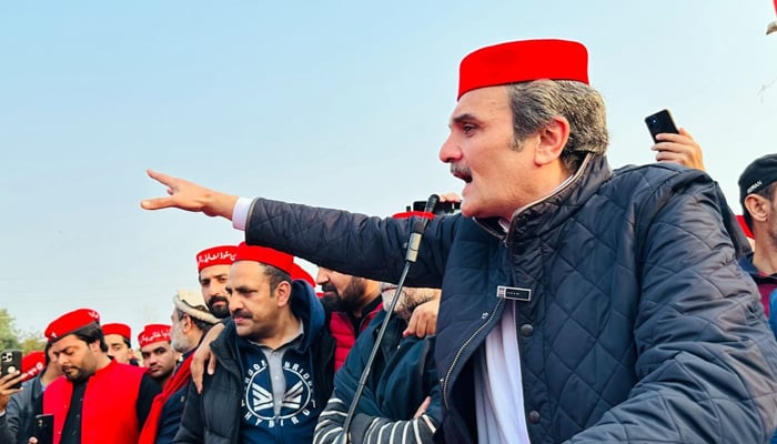 Awami National Party (ANP) leader Ameer Hider Khan Hoti Addresses an election rally at Yar Hussain town on January 29, 2024. — Facebook/Haider Khan Hoti
