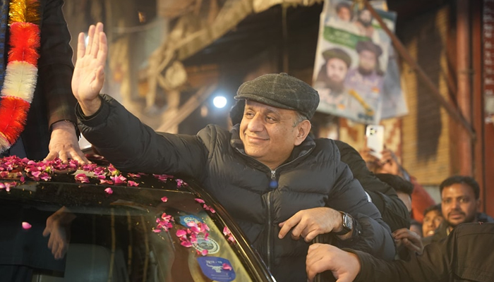 IPP president and candidate from NA-117, PP-149 & 209 Abdul Aleem Khan waves to party supporters during an election rally on January 29, 2024. — Facebook/Abdul Aleem Khan