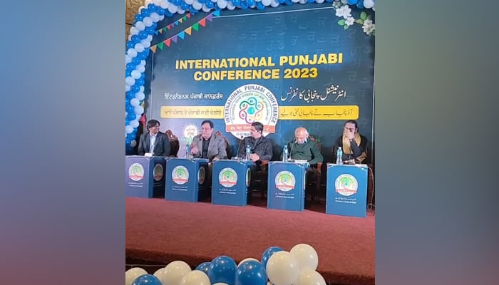 Participants speak during the two-day International Punjabi conference ceremony organized by the Punjab Institute of Languages, Art & Culture Lahore at the University of Punjab on January 29, 2024, in this still. — Facebook/ANJUM GILL