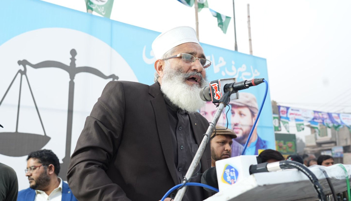 The Jamaat-e-Islami Pakistan (JI) central emir, Sirajul Haq addresses a rally on January 29, 2024. — Facebook/Siraj ul Haq