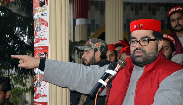 ANP KP President Aimal Wali Khan speaks with the media in Charsadda on January 29, 2024. — Facebook/Awami National Party
