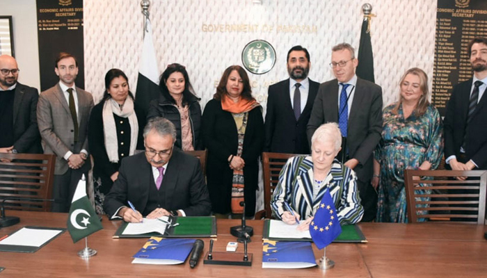 European Union (EU) Ambassador to Pakistan Reena Cuenca and Secretary of the Ministry of Economic Affairs Dr. Kazim Niaz can be seen signing five new grant agreements of the European Union on January 29, 2024. — APP