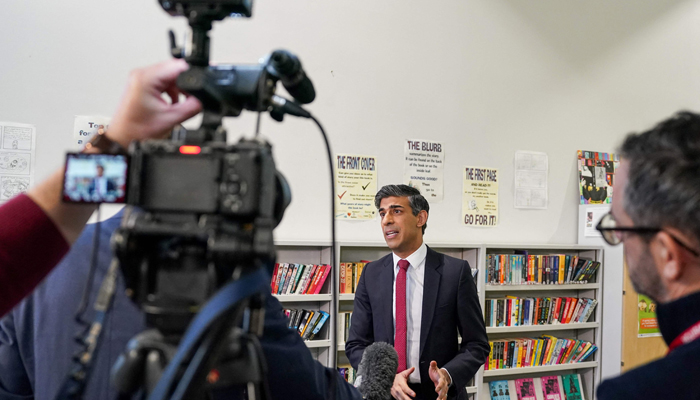 Britains Prime Minister Rishi Sunak speaks to the press during a visit at the Haughton Academy in Darlington, northeast England, on January 29, 2024. — AFP
