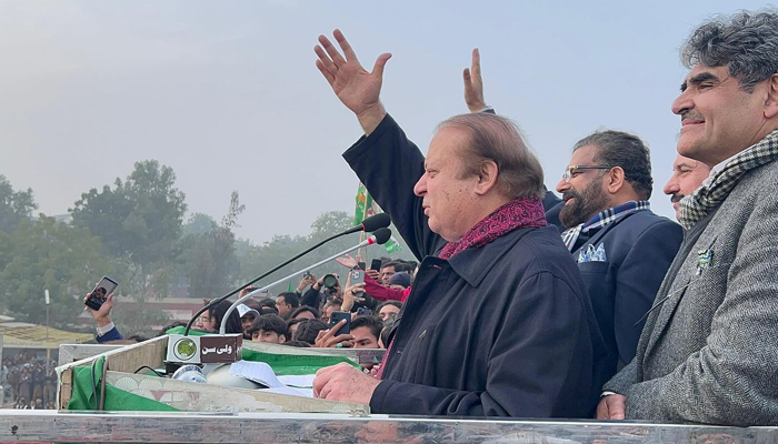 Pakistan Muslim League-Nawaz (PMLN) supremo Nawaz Sharif waves to their supporters and workers in an election rally in the Haroonabad town of Punjab Bahawalnagar district on January 30, 2024. — Facebook/PML(N)