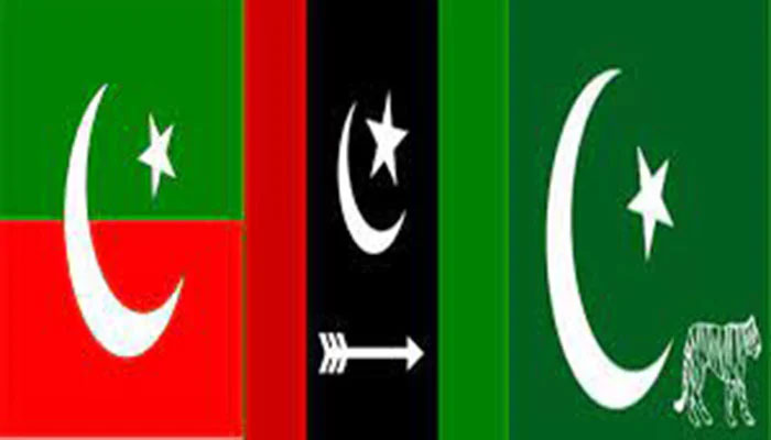 Flags of PTI (left), PPP (centre) and PML-N. — The News Flie