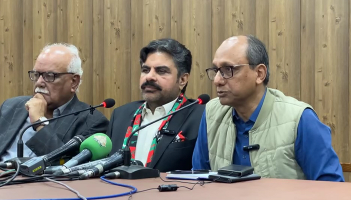 Pakistan Peoples Party (PPP) Karachi President Saeed Ghani (R) Speaks at a press conference along with former local government minister Syed Nasir Hussain Shah in this still on January 31, 2024. — Facebook/Saeed Ghani