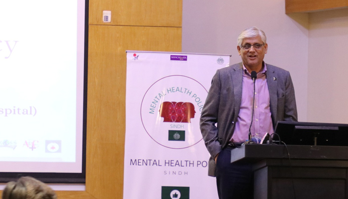 Sindh caretaker health minister Dr Saad Khalid Niaz speaks during the launched Mental Health Policy for the province of Sindh at Dow University of Health Sciences on January 28, 2024. — Facebook/Pakistan Institute of Living and Learning
