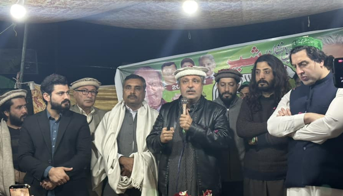 Former lawmaker and the Pakistan Muslim League-Nawaz (PMLN) candidate for NA-33 and PK-88, Ikhtiar Wali Khan addresses a public meeting on January 31, 2024. — Facebook/khtiar Wali Khan