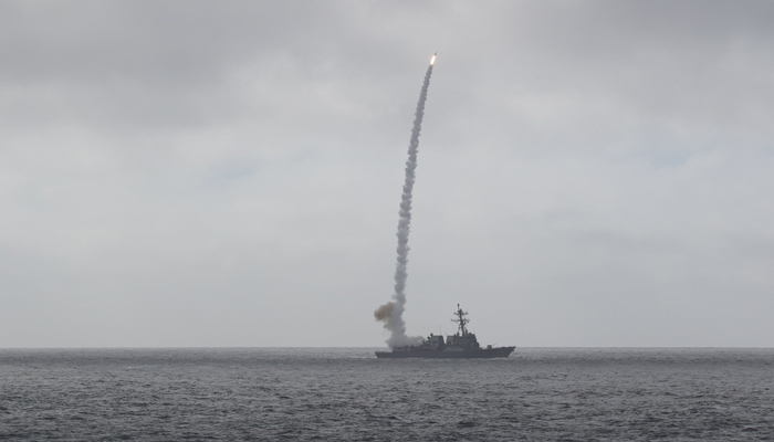 A US Navy ship fires an MSRON 4 missile during a training exercise Snow Crab Exercise 24-1 9 in this image released on January 27, 2024. — X/@USNavy