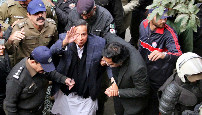 Former Chief Minister Punjab and Tehreek-e-Insaf (PTI) President, Chaudhry Parvez Elahi arriving for a case hearing, at District Court in Lahore on Thursday, February 1, 2024. — PPI