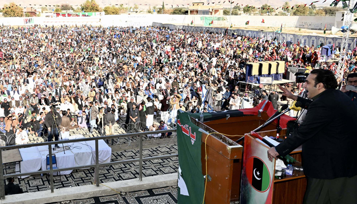 PPP Chairman, Bilawal Bhutto Zardari addresses a public gathering as a part of the Election Campaign in Khuzdar on February 1, 2024. — PPI Images