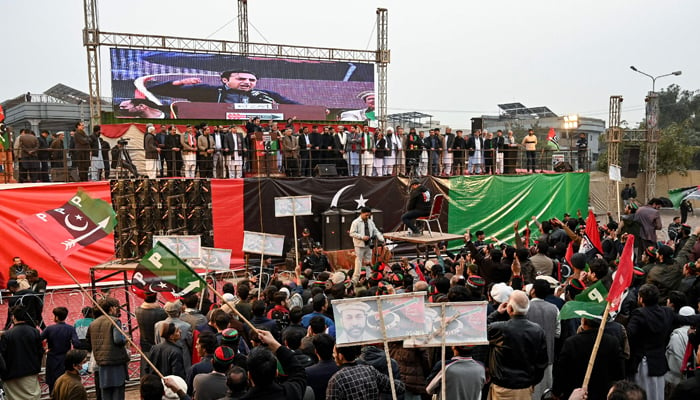 PPP chairman Bilawal Bhutto Zardari (C) addresses an election campaign rally in Peshawar on January 27, 2024, ahead of the upcoming general elections. — AFP