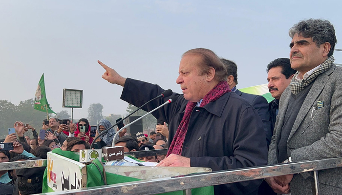 Former PM and Quaid of PMLN Mian Nawaz Sharif gestures while speaking to his supporters on January 30, 2024. — Facebook/Nawaz Sharif