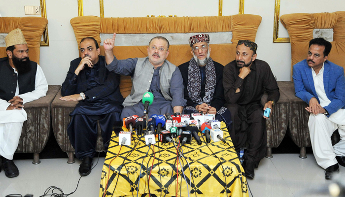 Former Minister for Information Sharjeel Inaam Memon addresses a press conference along with President JUP Sahibzada Abulkhair Muhammad Zubair at Rajput farmhouse on February 1, 2024. — Online