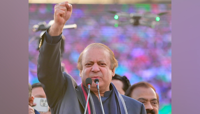 Pakistan Muslim League Nawaz (PMLN) supremo Nawaz Sharif gestures as he addresses supporters in Faisalabad on February 2, 2024. — Facebook/PMN(N)