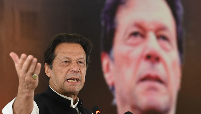 Former Prime Minister Imran Khan addresses an event on Regime Change Conspiracy and Pakistans Destabilisation in Islamabad on June 22, 2022. — AFP