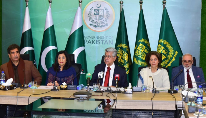 Caretaker Federal Information Minister Murtaza Solangi addresses a press conference in Islamabad on Feb 3, 2024. — PID
