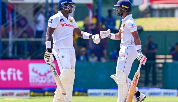 Angelo Mathews (left) brought up his 41st half-century in Test cricket with a single, while Dinesh Chandimal (right) hit the milestone with a boundary that brought their partnership past 100 runs. —  AFP