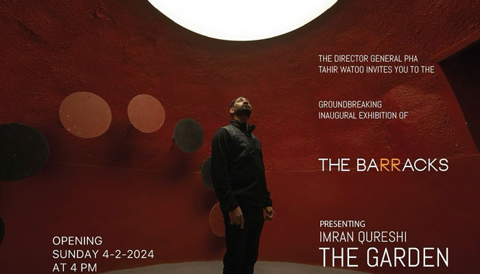 The image is a poster of  ‘The Garden’ - a new solo exhibition - to be held at Nasser Bagh, in collaboration with Parks and Horticulture Authority (PHA) on today on Feb 4, 2024. — Instagram/imranqureshiartist