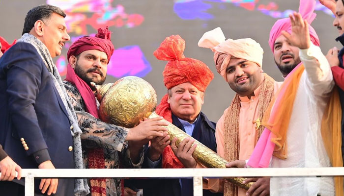 The image shows Pakistan Muslim League Nawaz supremo Nawaz Sharif being welcomed at rally in Gujrawala on Feb 3, 2024.— Facebook/UrduNewsCom