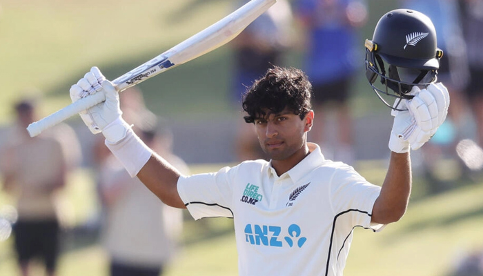 New Zealands Rachin Ravindra celebrates his maiden Test century. — AFP/File