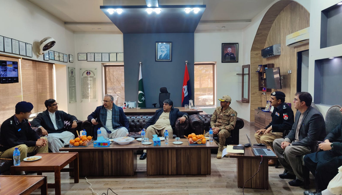 KPK Chief Secretary Nadeem Islam Chaudhry (C) and other officials express their views during an important meeting at the DPO office in Kohat on February 4, 2024. — X/@CSKPOfficial