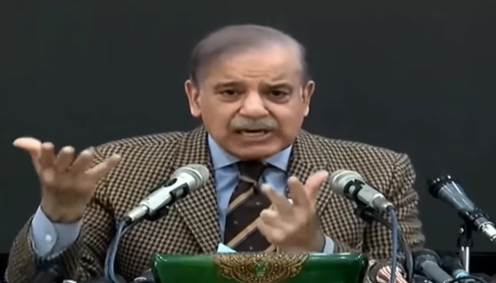 PMLN President and former prime minister Shehbaz Sharif addresses a press conference at the PMLN central secretariat in Model Town on February 4, 2024. — Facebook/PML(N)