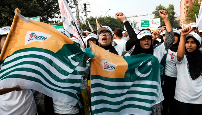 Youths take part in a protest rally in Lahore, to mark Black Day in support of the people living in India-administered Kashmir. — AFP/File