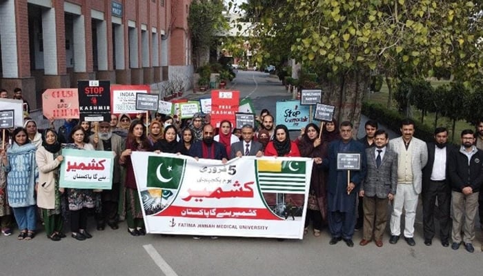 This photo shows the seminar and awareness walk. On the occasion of Kashmir Solidarity Day at Fatima Jinnah Medical University on February 5, 2024. — Facebook/Fatima Jinnah Medical University