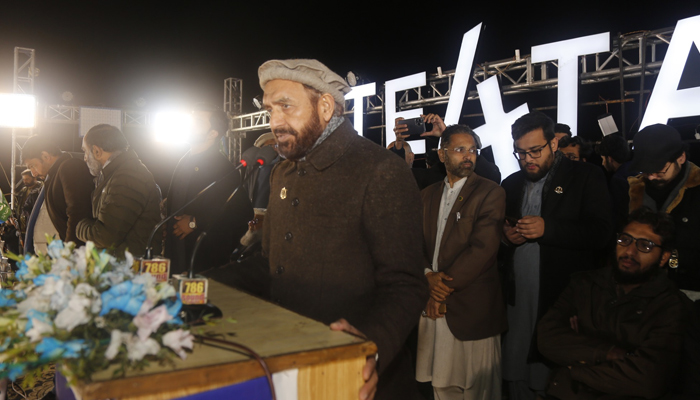 Ex-MNA Mian Muhammad Aslam, Deputy Emir of Jamaat-e-Islami Pakistan, addresses the public meeting on February 5, 2024. — Facebook/Mian Aslam