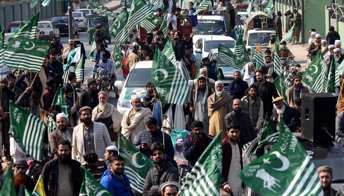 Supporters of the Pakistan Markazi Muslim League party participate in a rally to mark Kashmir Solidarity Day, in Peshawar, Pakistan 05 February 2024. — INP
