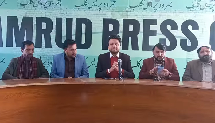Independent candidate for PK-70 constituency, Muhammad Nabil Afridi Addresses a press conference at the Jamrud Press Club on February 5, 2024. — Facebook/Jamrud Press Club