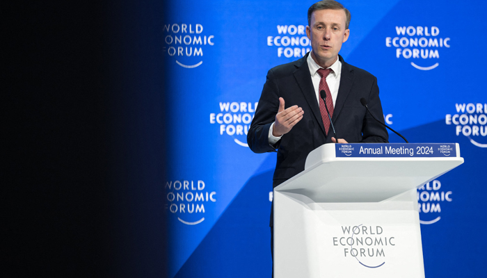 US National Security Advisor Jake Sullivan addresses the assembly at the World Economic Forum (WEF) annual meeting in Davos, on January 16, 2024. — AFP