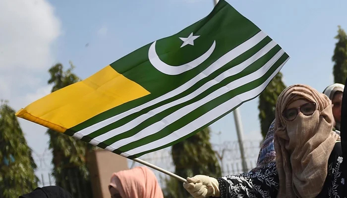 A protester waves the Kashmiri flag in Karachi during a demonstration against India. — AFP/File