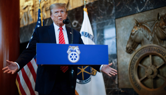 Republican presidential candidate and former US President Donald Trump delivers remarks after meeting with leaders of the International Brotherhood of Teamsters at their headquarters on January 31, 2024 in Washington, DC. — AFP