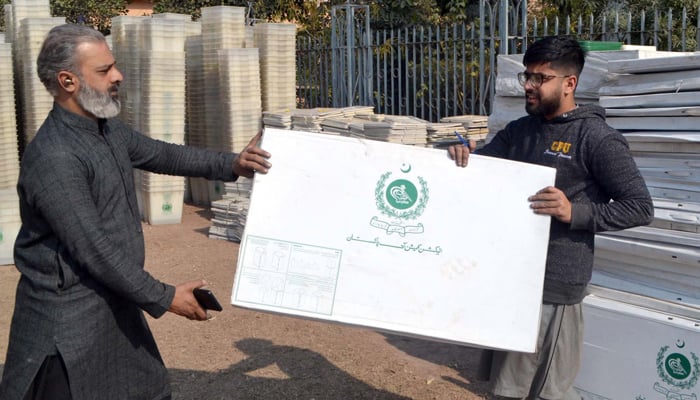Workers of the ECP are busy sorting and shifting the election material Ballot Boxes and Folding Polling Booths to their recommended polling stations from the ECP Store as the General Elections 2024 are being held on 08 February, on February 5, 2024. — PPI