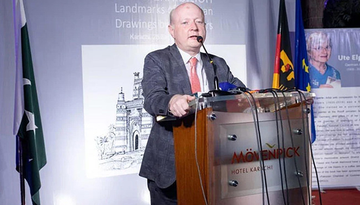 German Consul General Dr Rudiger Lotz speaking at the launching ceremony of Landmarks of Pakistan in Karachi on October 1, 2023. — X/@GermanyinKHI