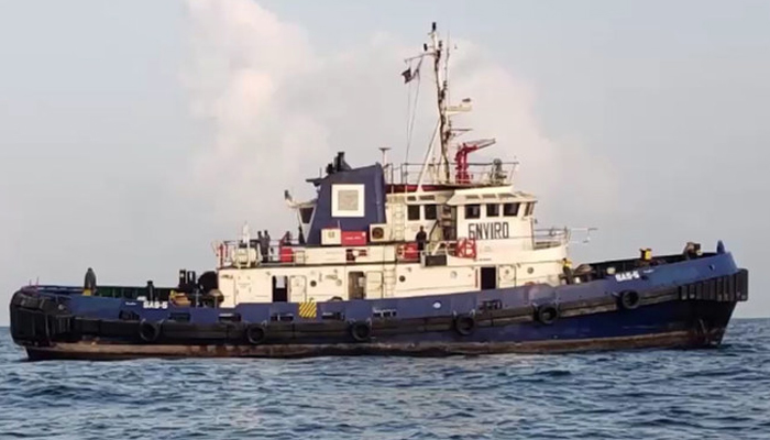 This screengrab taken from a handout video released by the Pakistan Navy, shows a disabled tug carrying nine Indian seamen en route to Sharjah on February 5, 2024. — Pakistan Navy