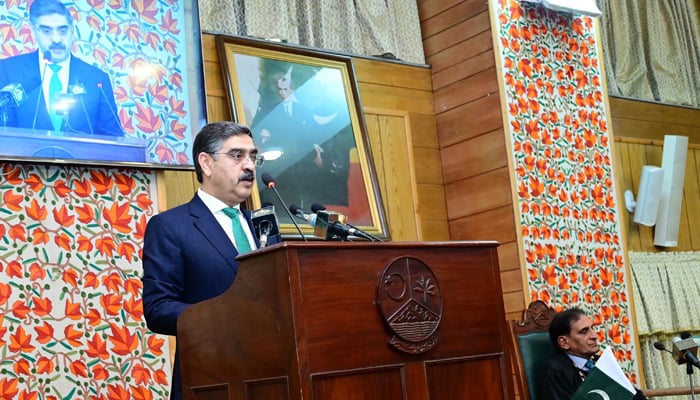Caretaker Prime Minister Anwaarul Haq Kakar addressing the special session of the AJK Legislative assembly to commemorate Kashmir Solidarity Day in Muzaffarabad on February 5, 2024. — PID