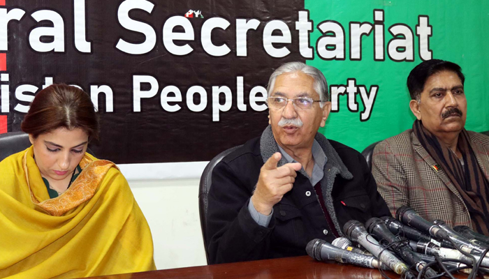 Peoples Party (PPP) Leader, Syed Nayyer Hussain Bukhari addresses media persons during a press conference, at Peoples Secretariat in Islamabad on Monday, February 5, 2024. — PPI