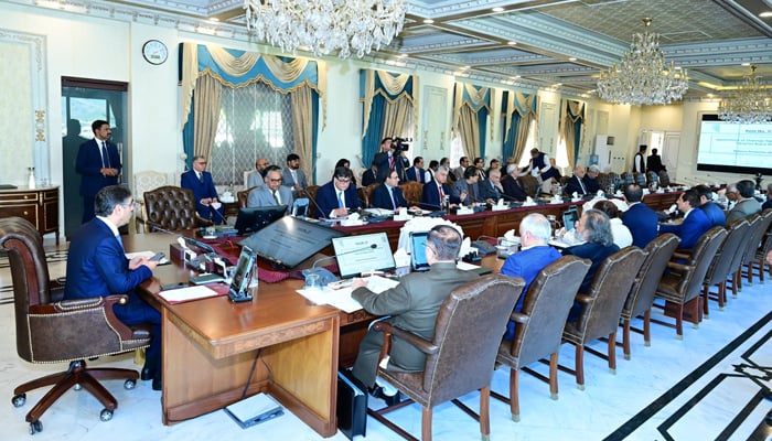 The federal cabinet can be seen in session under the chair of interim PM Anwaar-ul-Haq Kakar on February 6, 2024. — X/@GovtofPakistan
