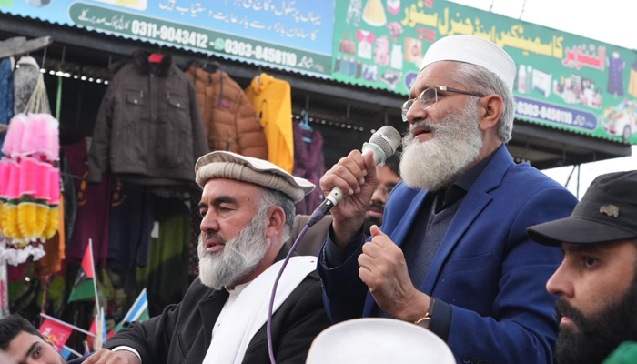 Jamaat-i-Islami chief and candidate for NA-6 Sirajul Haq addresses a gathering of his party workers on February 6, 2024. — Facebook/Siraj ul Haq