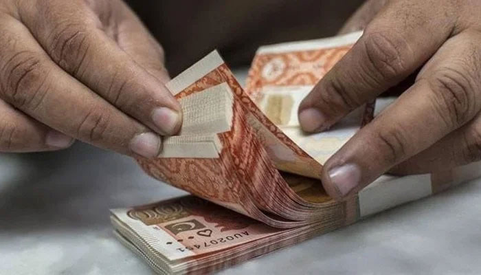 This image shows a person counts Pakistans currency notes. — AFP/File