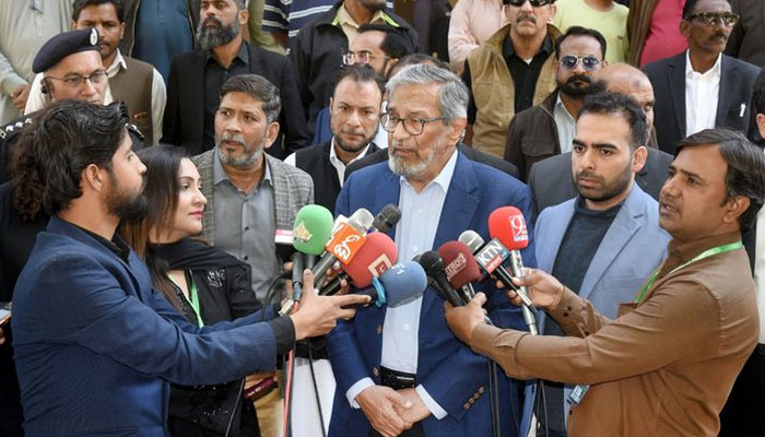 Caretaker Sindh Chief Minister Justice (R) Maqbool Baqar talks to the media just after casting his vote at Government Boys Secondary School No.2, Block-6, PECHS, Karachi on February 8, 2024. — Facebook/Sindh Chief Minister House