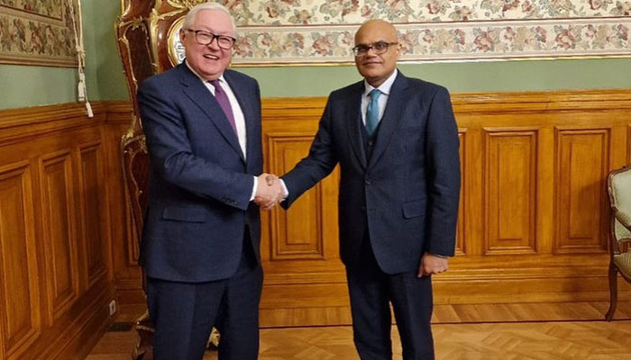 Additional Foreign Secretary (Arms Control and Disarmament) Mohammad Kamran Akhtar and Russian Deputy Minister of Foreign Affairs S.A. Ryabkov can be seen at the 14th round of the Pakistan-Russia Consultative Group on Strategic Stability. — Facebook/Ministry of Foreign Affairs, Islamabad